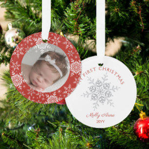 Snowflakes Baby's First Christmas Red Glitter Ornament