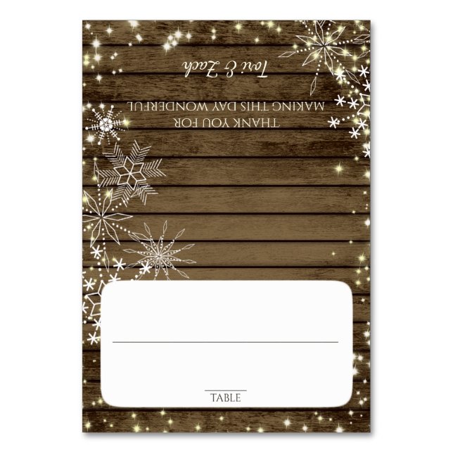 Snowflakes Barn Wood Seating Card (Front)