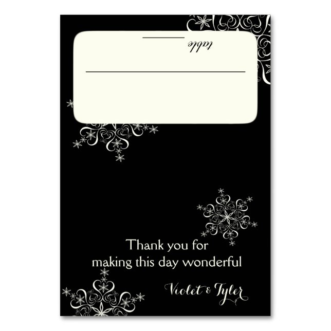Snowflakes Black and Off White Seating Card (Front)