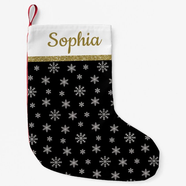Snowflakes Black pattern personalised name Small Christmas Stocking (Front)