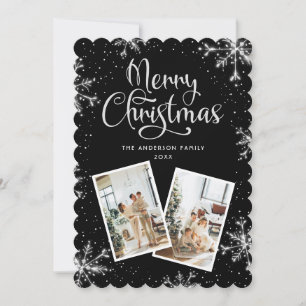 Snowflakes Black Silver 2 Photo Christmas Card