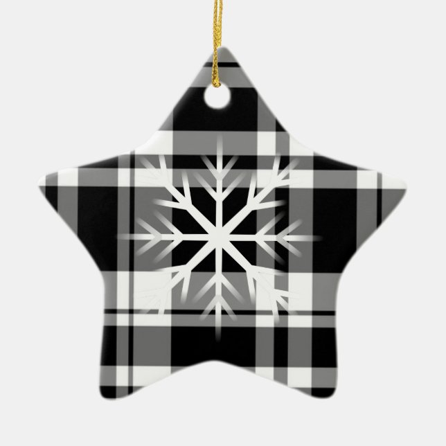 Snowflakes, black white plaid pattern ceramic tree decoration (Front)
