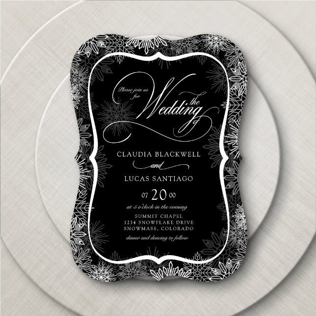 Snowflakes Black White Wedding Invitation (Creator Uploaded)