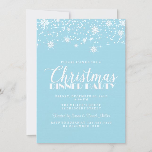 Snowflakes Blue and White Christmas Dinner Party Invitation (Front)