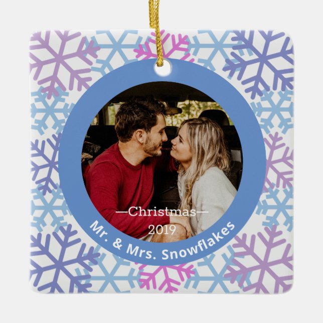 Snowflakes Blue Photo Christmas Ornament (Front)