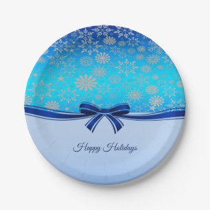 Snowflakes Blue Ribbon Holiday Paper Plate
