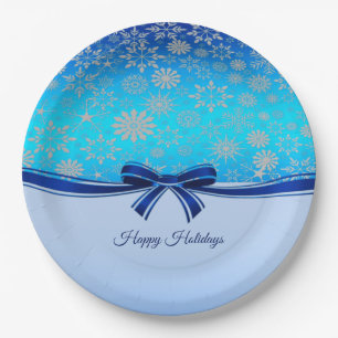 Snowflakes Blue Ribbon Holiday Paper Plate