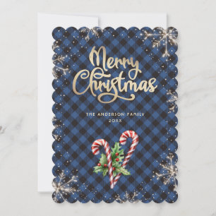 Snowflakes Candy Cane Blue Plaid Christmas Card