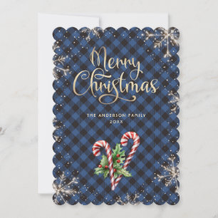 Snowflakes Candy Cane Blue Plaid Christmas Card