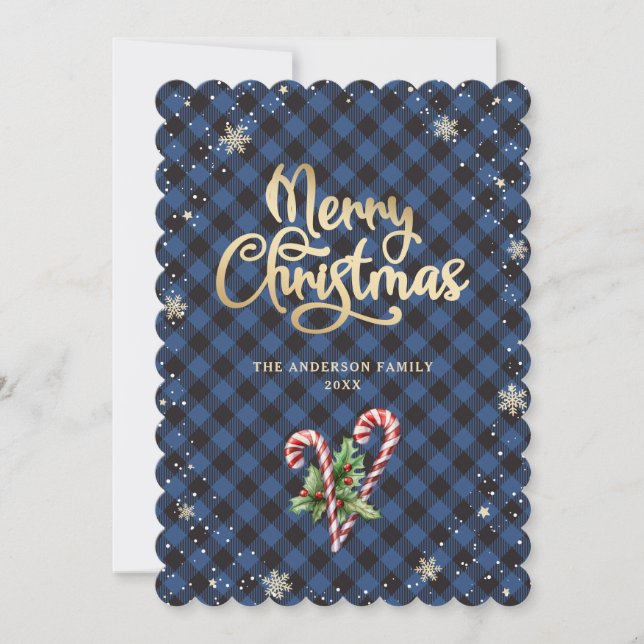 Snowflakes Candy Cane Holly Berries Christmas Holiday Card (Front)