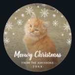 Snowflakes Cat Photo Cute Meowy Christmas Classic Round Sticker<br><div class="desc">Cute Christmas gift label sticker featuring a simple design with snowflakes surrounding your favourite photo of your cat.  The bottom has the greeting "Meowy Christmas" in a modern chalk script along with your family name and the year.</div>
