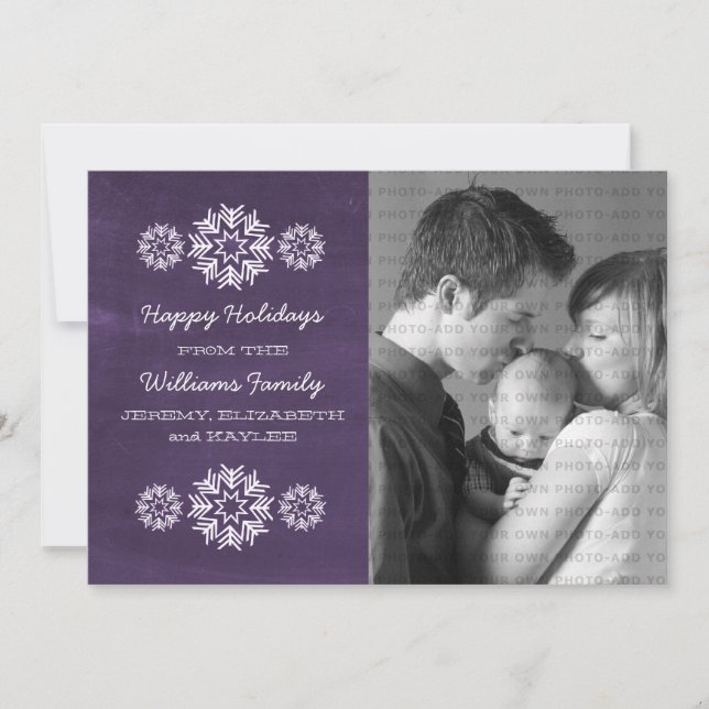 Snowflakes Chalkboard Photo Flat Card, Purple Holiday Card (Front)