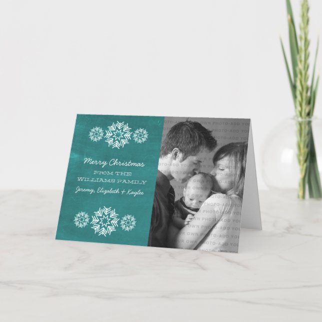 Snowflakes Chalkboard Photo Greeting Card, Teal Holiday Card (Front)