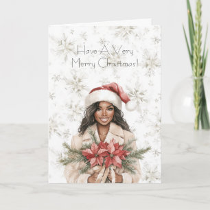Snowflakes Christmas Black Woman Poinsettia Floral Card