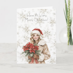 Snowflakes Christmas Blond Woman Poinsettia Floral Card