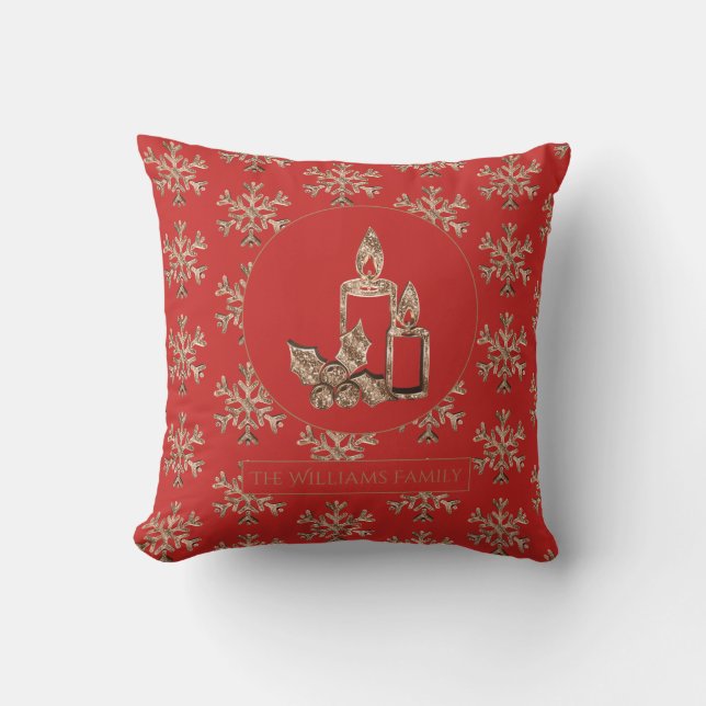Snowflakes Christmas Candles Elegant Red and Gold Cushion (Front)