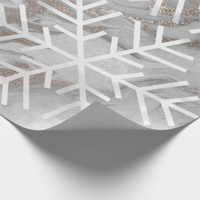 Snowflakes Christmas Holiday Marble Grey Ivory Wrapping Paper (Corner)