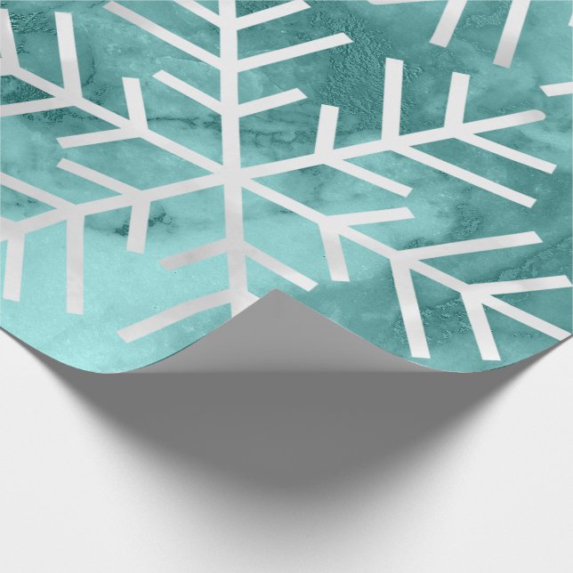 Snowflakes Christmas Holiday Marble Teal Aqua Wrapping Paper (Corner)