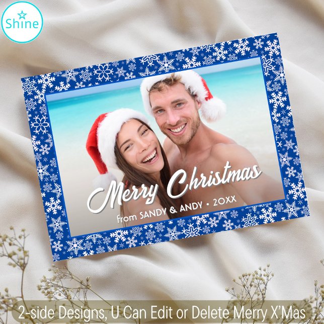Snowflakes Christmas Photo 2 Side Designs Blue Holiday Card (Creator Uploaded)
