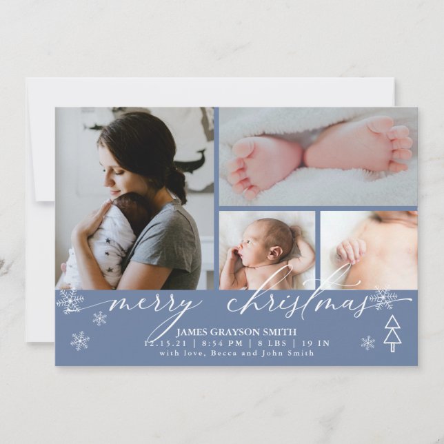 Snowflakes Christmas Photo Baby Announcement Blue (Front)