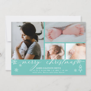Snowflakes Christmas Photo Baby Announcement Teal