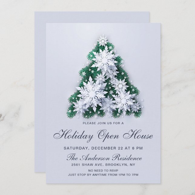 Snowflakes Christmas Tree Holiday Open House Invitation (Front/Back)