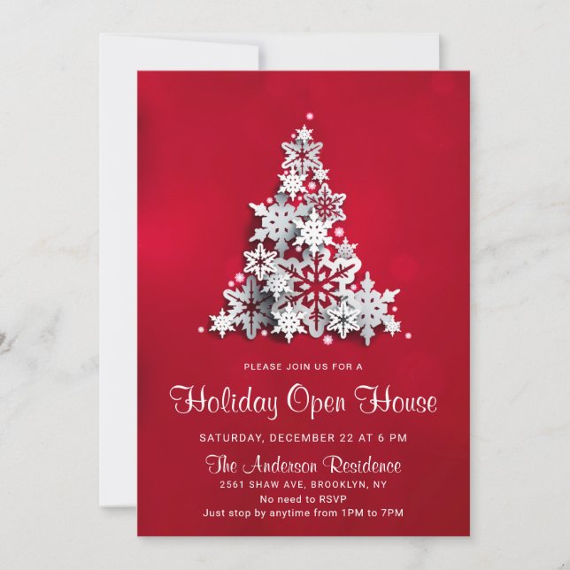 Snowflakes Christmas Tree Holiday Open House Invitation (Front)
