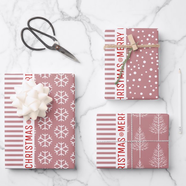 Snowflakes, Christmas trees dusty rose stripes red Wrapping Paper Sheet (Front)