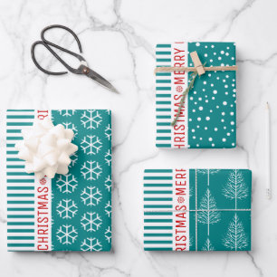 Snowflakes, Christmas trees teal blue stripes red Wrapping Paper Sheet