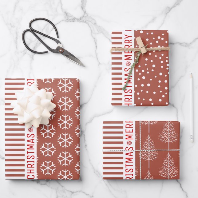 Snowflakes, Christmas trees terracotta stripes red Wrapping Paper Sheet (Front)
