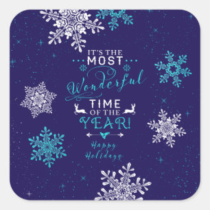 Snowflakes Christmas Xmas Navy Blue Turquoise Square Sticker