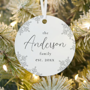 Snowflakes Custom Family Name Script Christmas Metal Tree Decoration