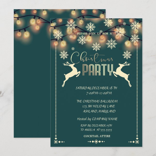 Snowflakes, Deers,Lights Company Christmas Party Invitation (Front/Back)