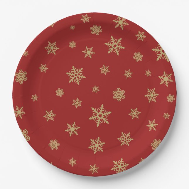 Snowflakes Design Gold on Red Paper Plate (Front)