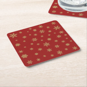 Snowflakes Design Gold on Red Square Paper Coaster