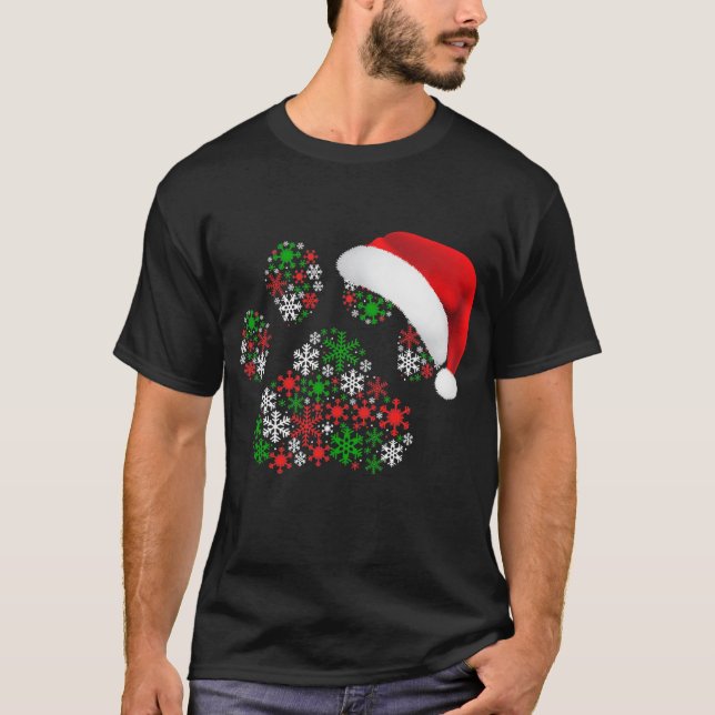 Snowflakes Dog Paw Santa Hat Christmas Dog Lovers T-Shirt (Front)