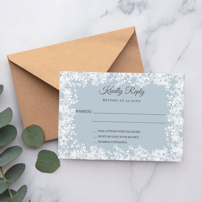 Snowflakes dusty blue winter wedding RSVP Card (Creator Uploaded)