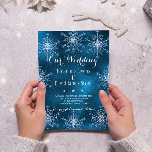 Snowflakes elegant navy blue winter rustic wedding invitation (Creator Uploaded)