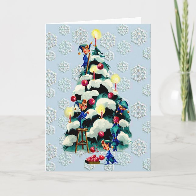 SNOWFLAKES & ELVES by SHARON SHARPE Holiday Card (Front)