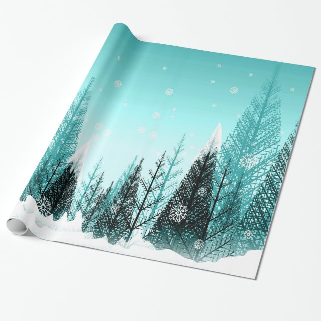 Snowflakes Falling in Aqua Winter Forest Wrapping Paper (Unrolled)