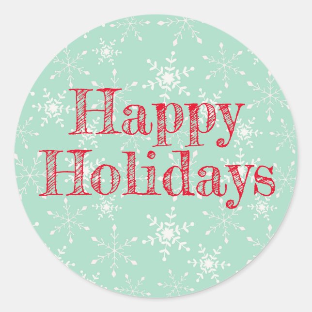 Snowflakes Falling, Mint Green, Happy Holidays Classic Round Sticker (Front)