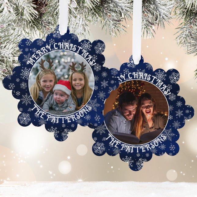 Snowflakes Family Photo Blue Paper Ornament Card (Hang these ornaments on a Christmas tree or use them as a unique gift tag to your loved ones.)