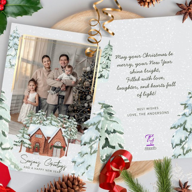 Snowflakes Family Photo Scandi Pine Christmas Tree Holiday Card (Creator Uploaded)