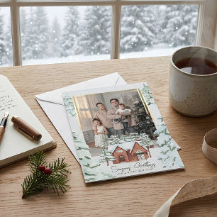 Snowflakes Family Photo Scandi Pine Christmas Tree Holiday Card
