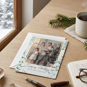 Snowflakes Family Photo Scandi Pine Christmas Tree Holiday Card