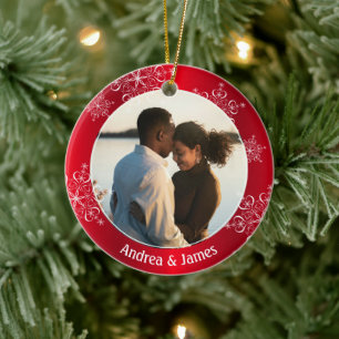 Snowflakes First Christmas Red Frame Ceramic Tree Decoration