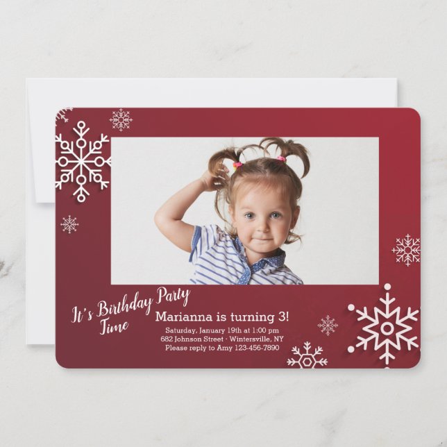 Snowflakes Frame Photo Birthday Party Invitation (Front)