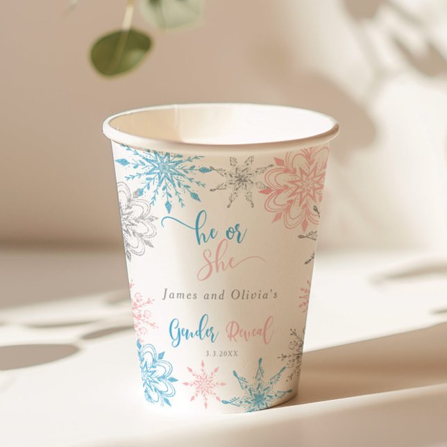 Snowflakes gender reveal he or she paper cups (Creator Uploaded)