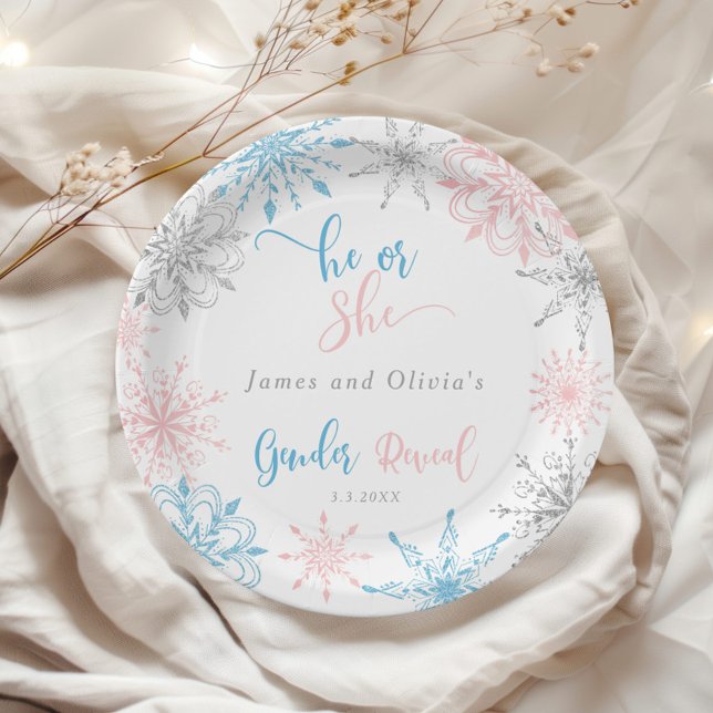 Snowflakes gender reveal he or she paper plate (Creator Uploaded)
