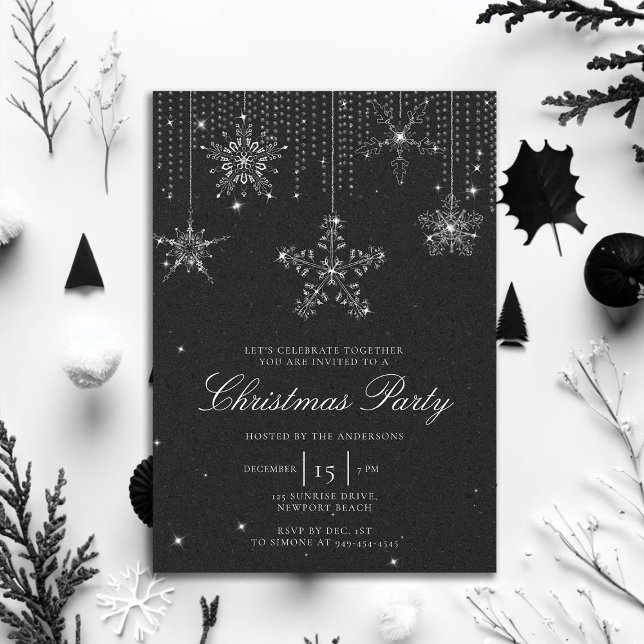Snowflakes Glitter Sparkles Black White Christmas Invitation (rhinestones glitter drips christmas party invitation elegant black white modern minimalist classy)